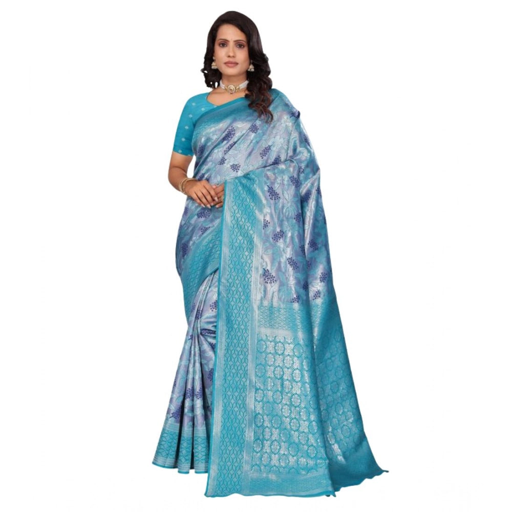 Women Banarasi Silk Jaquard Woven Saree With Unstitched Blouse 5.5Mtr (Light Blue)