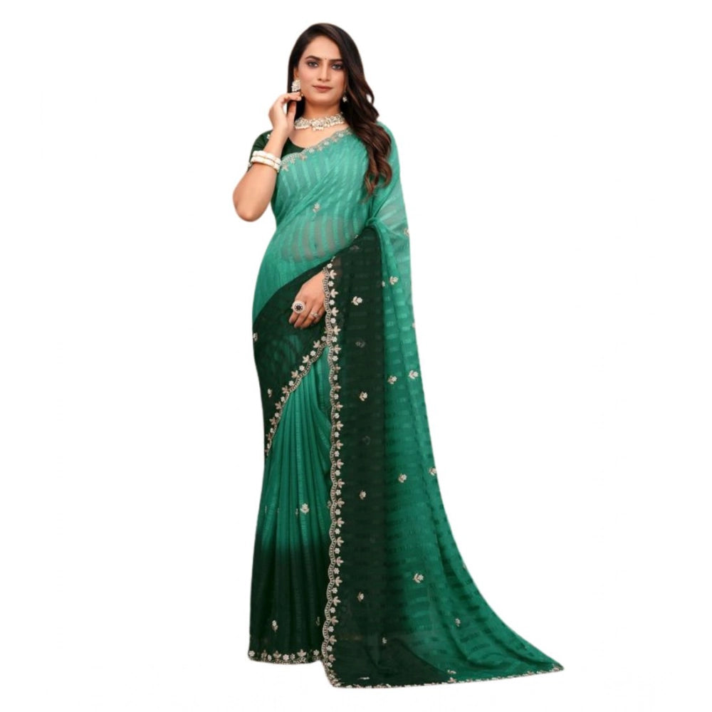 Women Chiffon Embroidred Saree With Unstitched Blouse 5.5Mtr (Dark Green)
