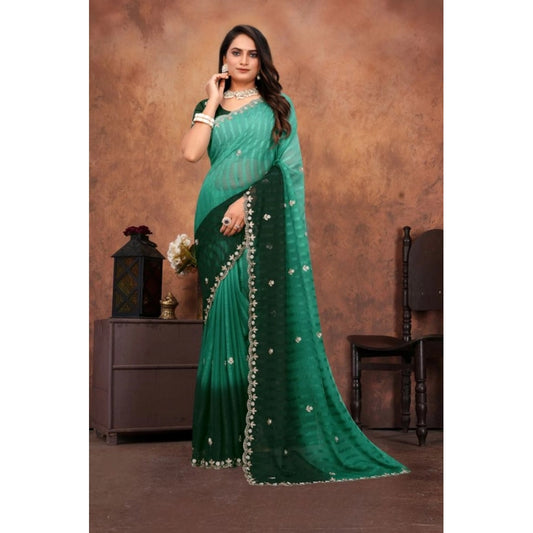 Women Chiffon Embroidred Saree With Unstitched Blouse 5.5Mtr (Dark Green)