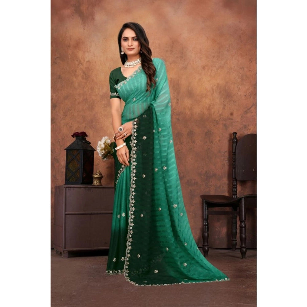 Women Chiffon Embroidred Saree With Unstitched Blouse 5.5Mtr (Dark Green)