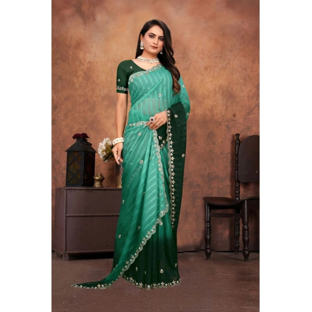Women Chiffon Embroidred Saree With Unstitched Blouse 5.5Mtr (Dark Green)