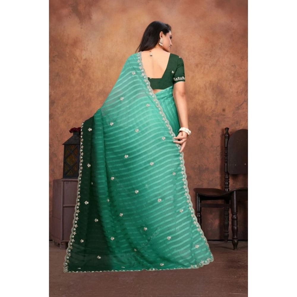 Women Chiffon Embroidred Saree With Unstitched Blouse 5.5Mtr (Dark Green)