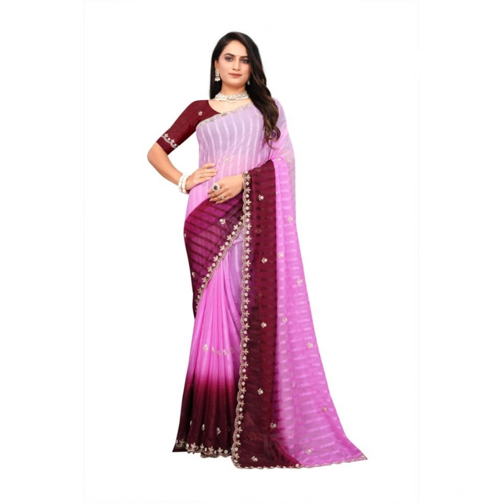 Women Chiffon Embroidred Saree With Unstitched Blouse 5.5Mtr (Pink)