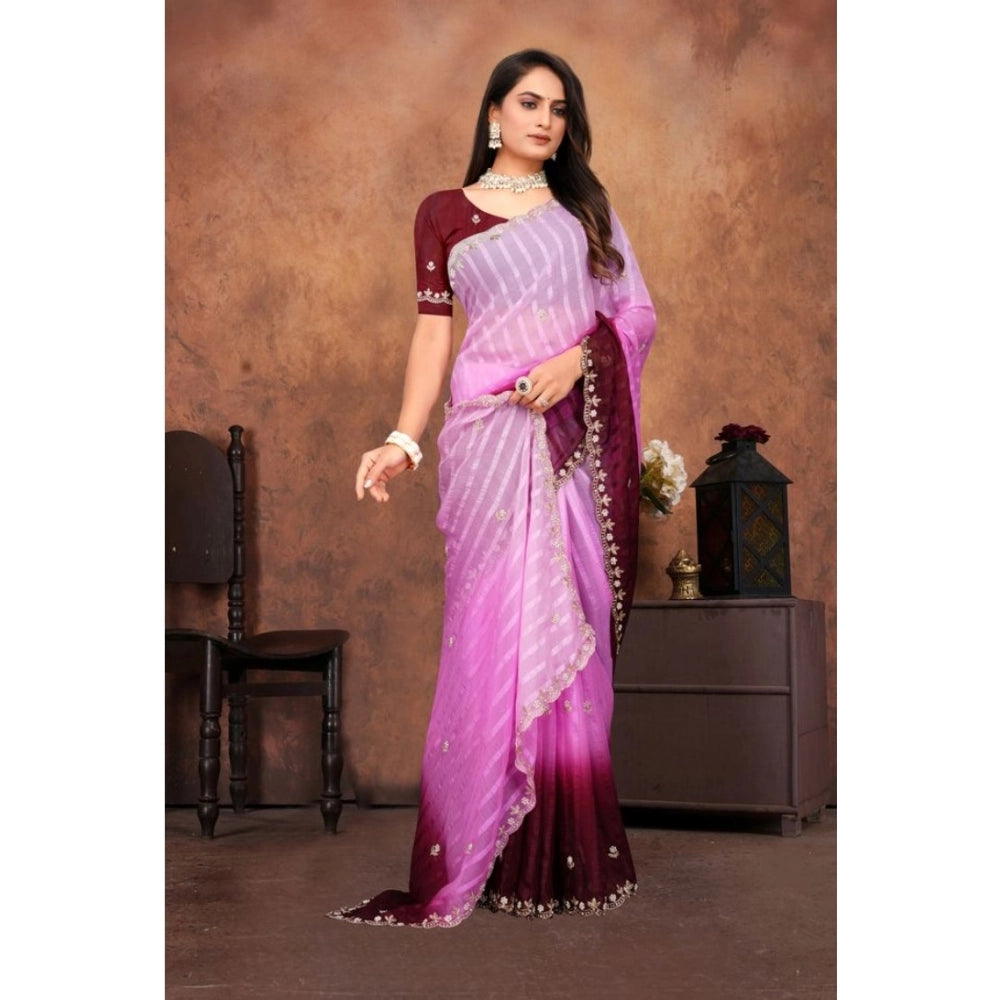 Women Chiffon Embroidred Saree With Unstitched Blouse 5.5Mtr (Pink)