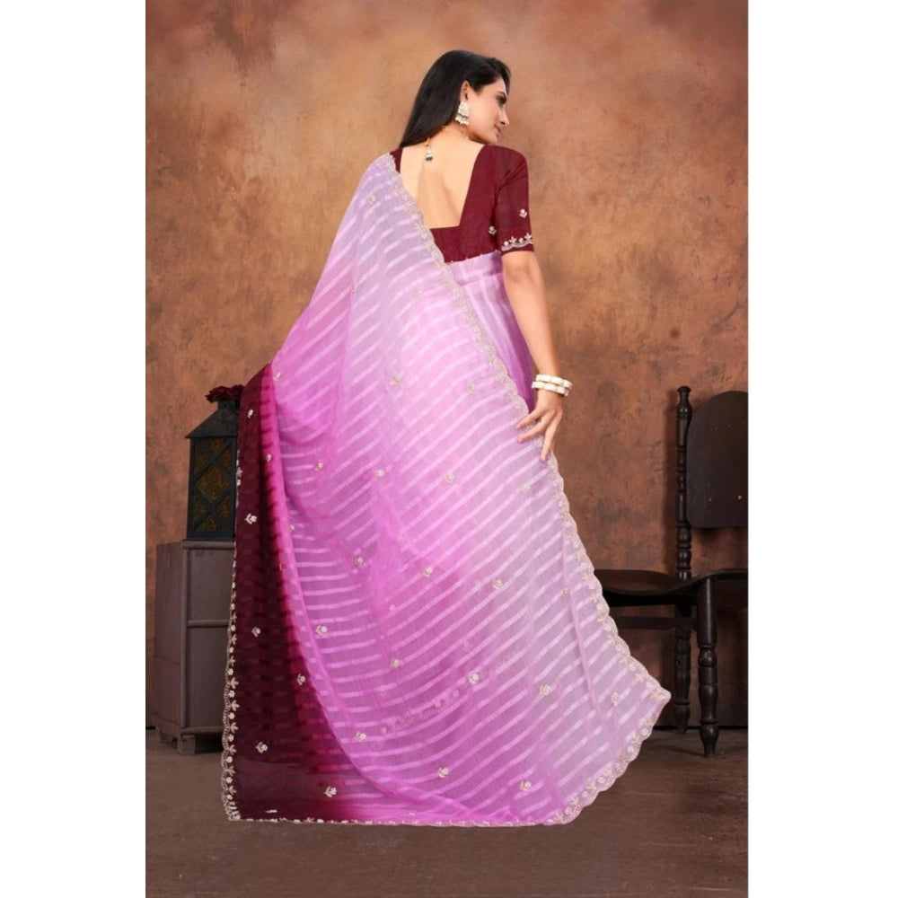 Women Chiffon Embroidred Saree With Unstitched Blouse 5.5Mtr (Pink)