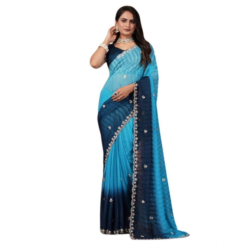 Women Chiffon Embroidred Saree With Unstitched Blouse 5.5Mtr (Light Blue)