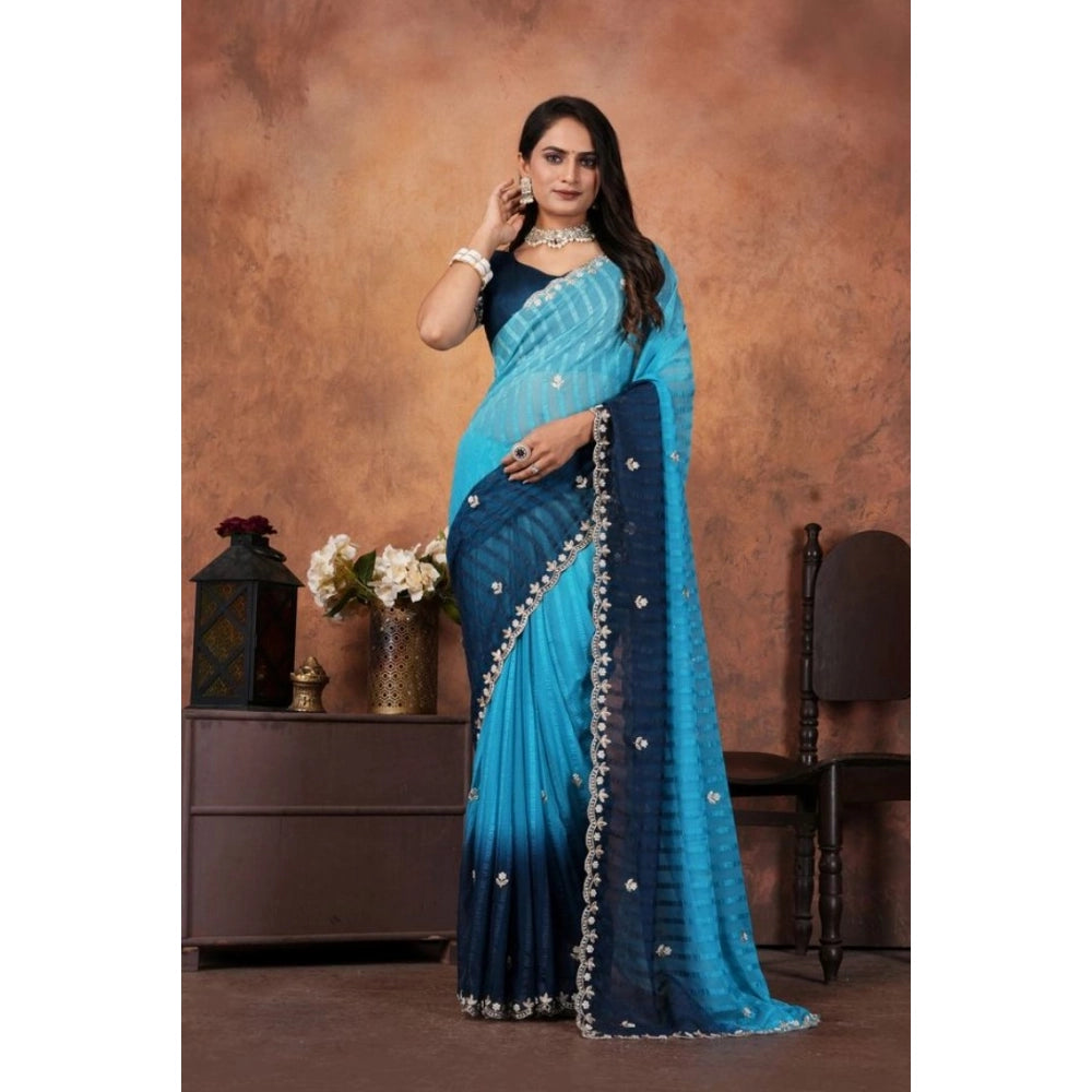 Women Chiffon Embroidred Saree With Unstitched Blouse 5.5Mtr (Light Blue)
