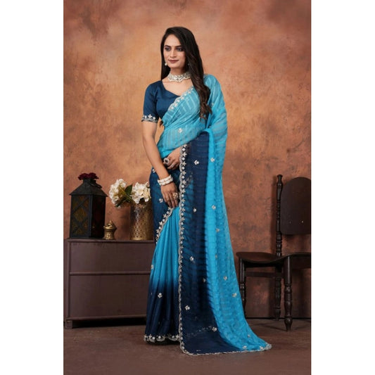 Women Chiffon Embroidred Saree With Unstitched Blouse 5.5Mtr (Light Blue)