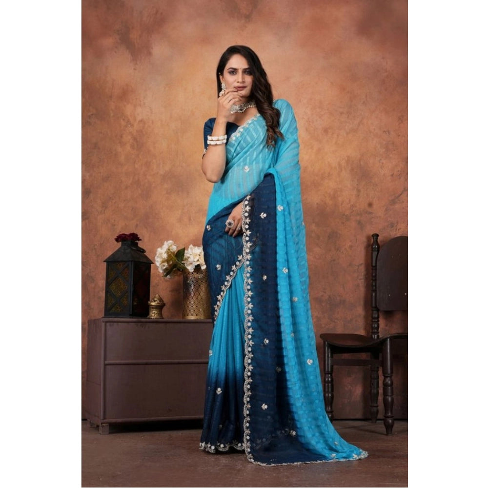 Women Chiffon Embroidred Saree With Unstitched Blouse 5.5Mtr (Light Blue)
