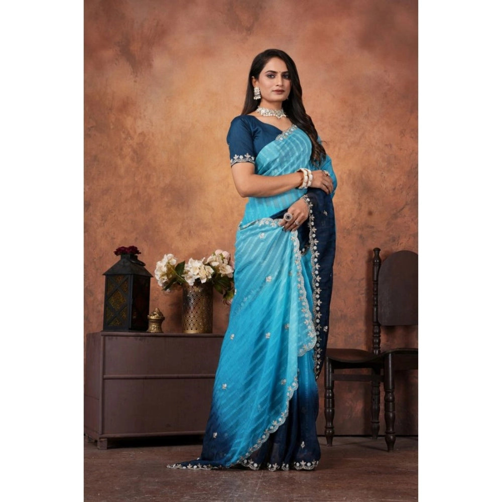 Women Chiffon Embroidred Saree With Unstitched Blouse 5.5Mtr (Light Blue)
