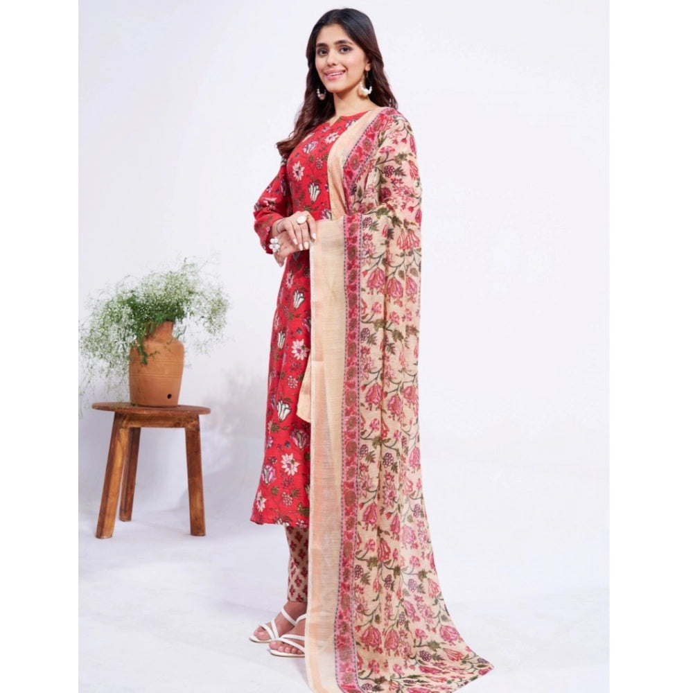 Women Cotton Blend Printed Kurti With Pant Dupatta Set (Red)