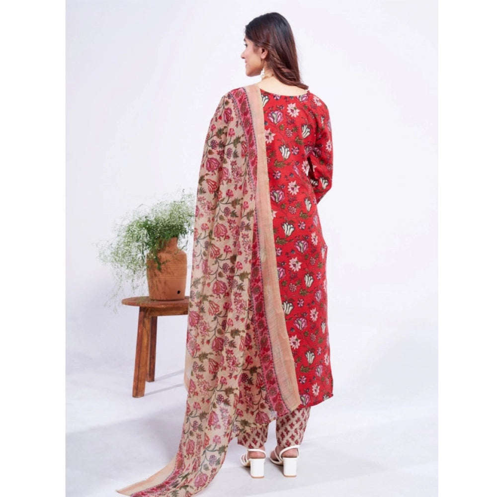 Women Cotton Blend Printed Kurti With Pant Dupatta Set (Red)