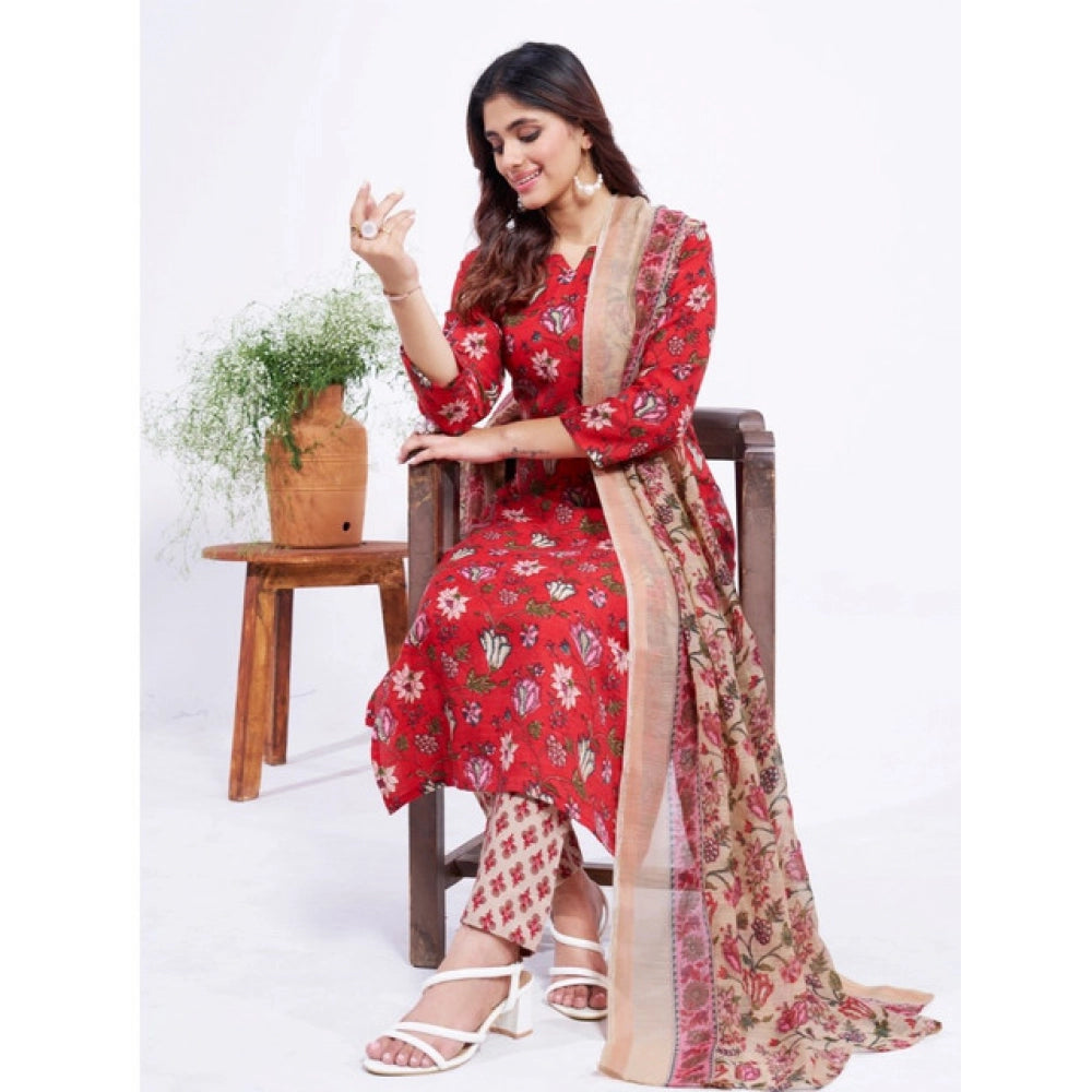Women Cotton Blend Printed Kurti With Pant Dupatta Set (Red)