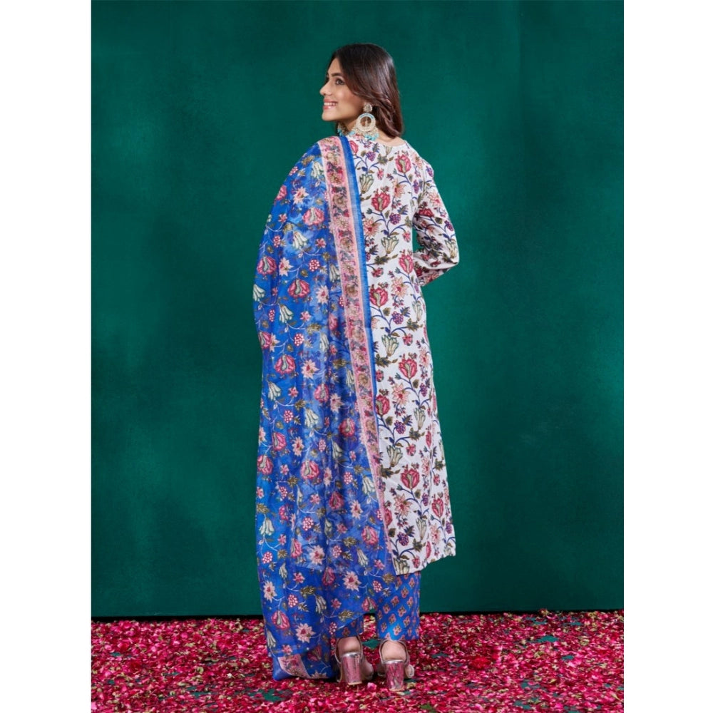 Women Cotton Blend Printed Kurti With Pant Dupatta Set (Multicolor)