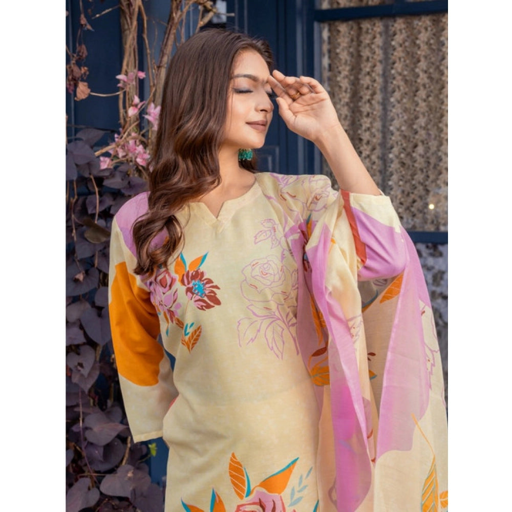 Women Cotton Blend Printed Kurti With Pant Dupatta Set (Cream)