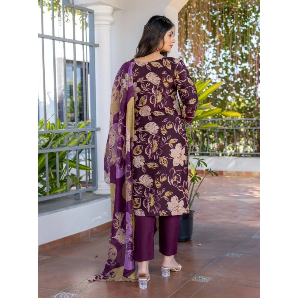 Women Cotton Blend Printed Kurti With Pant Dupatta Set (Purple)