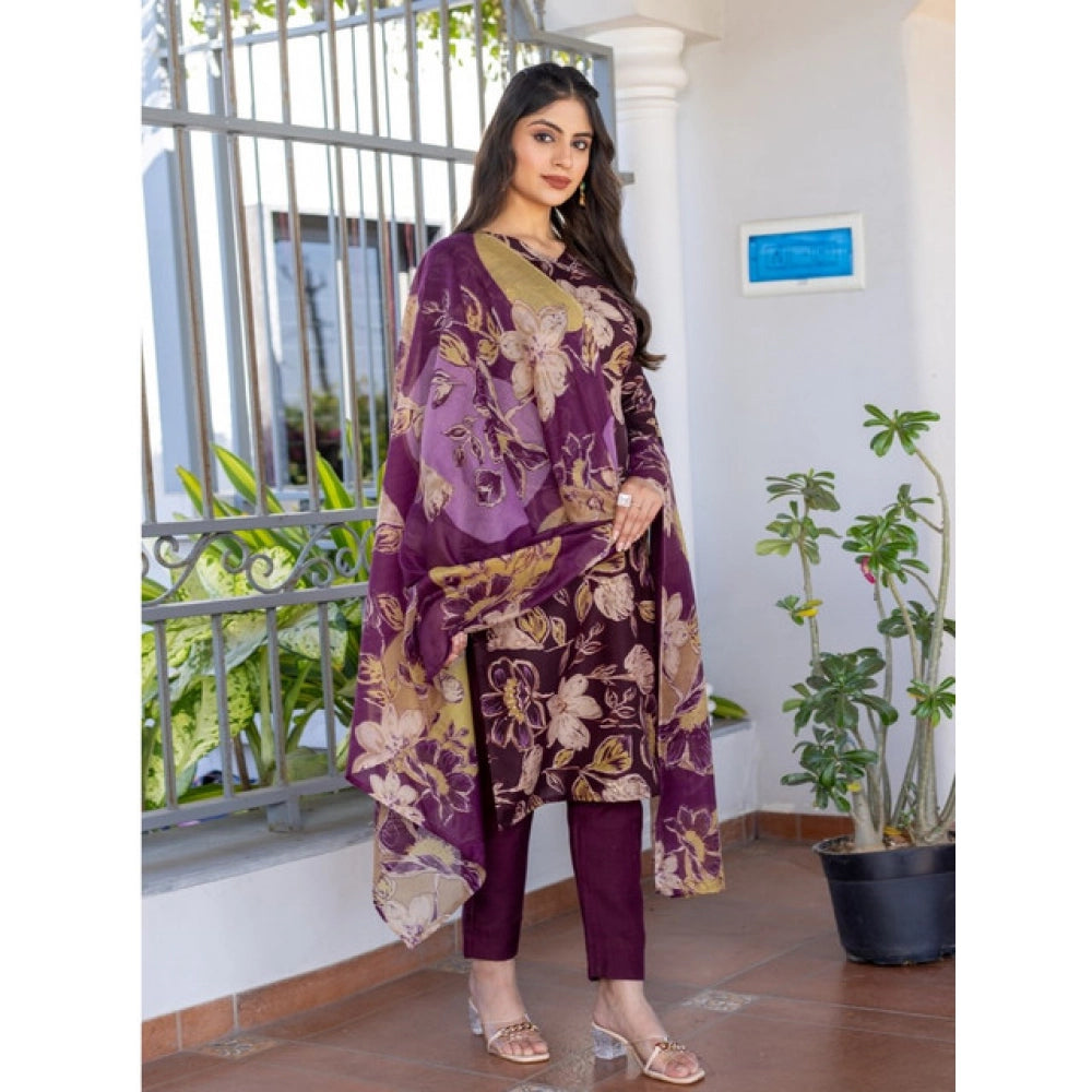 Women Cotton Blend Printed Kurti With Pant Dupatta Set (Purple)