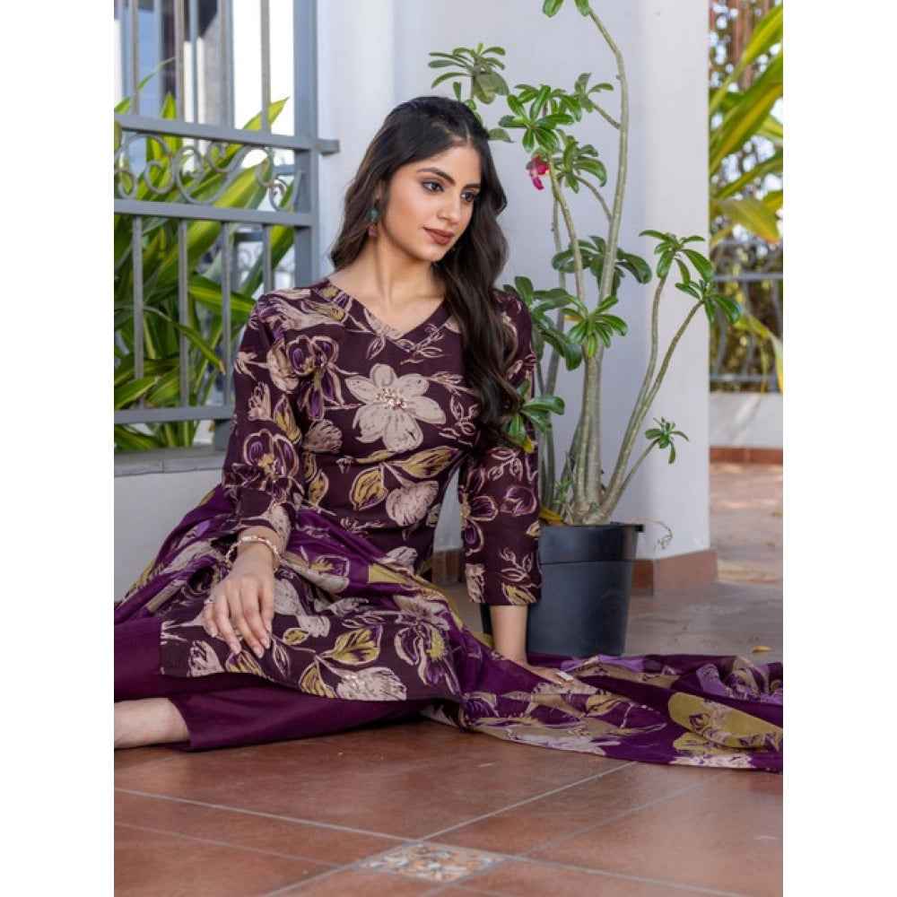 Women Cotton Blend Printed Kurti With Pant Dupatta Set (Purple)