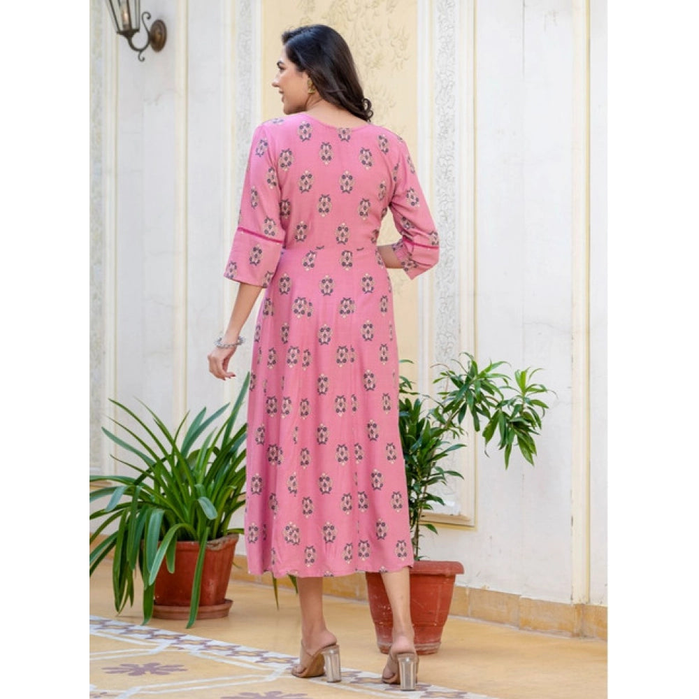 Women Rayon Print With Embroidery Work A-Line Kurti (Wine)
