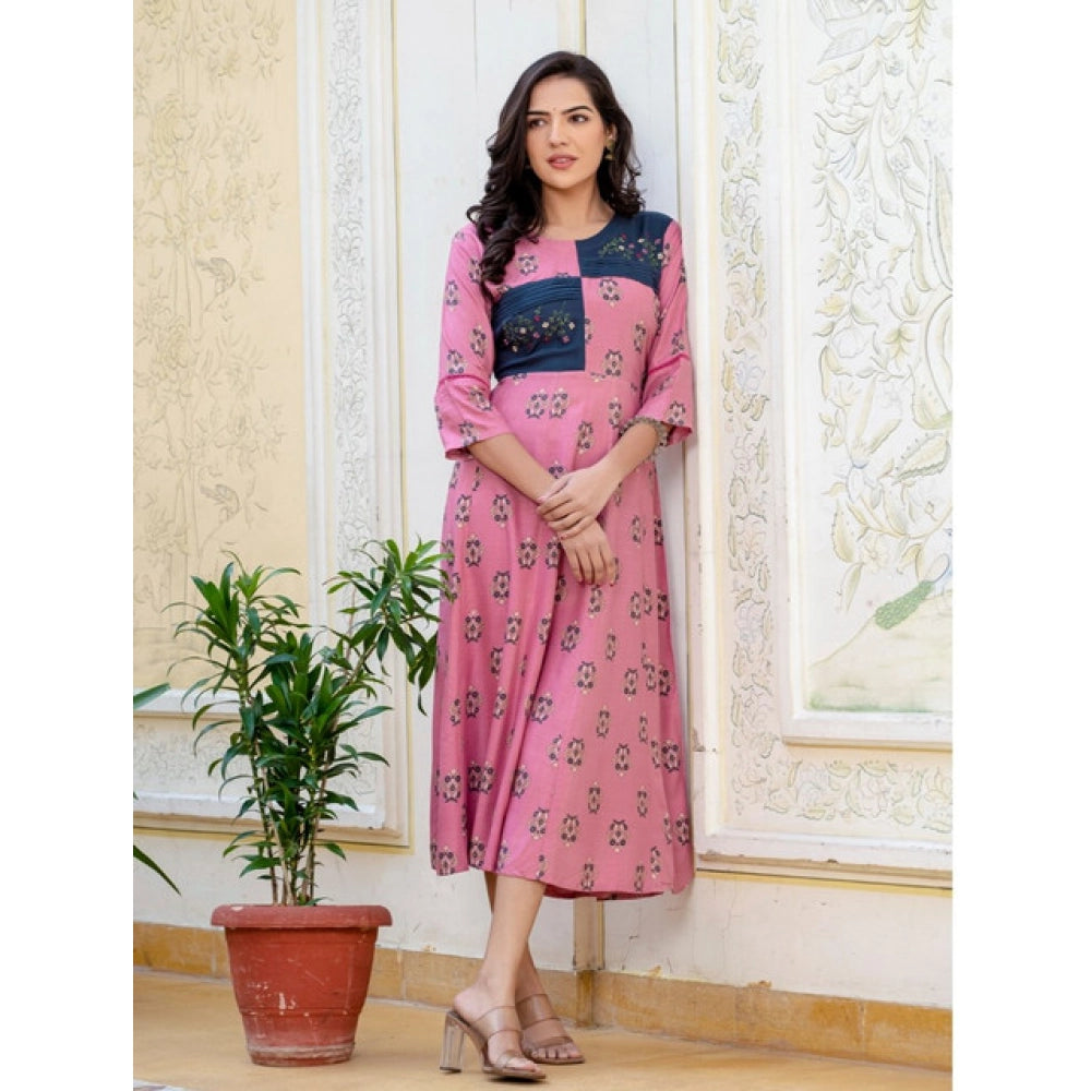 Women Rayon Print With Embroidery Work A-Line Kurti (Wine)