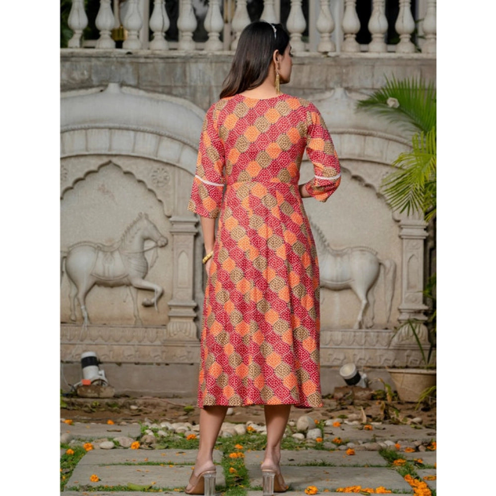 Women Rayon Print With Embroidery Work A-Line Kurti (Multicolor)