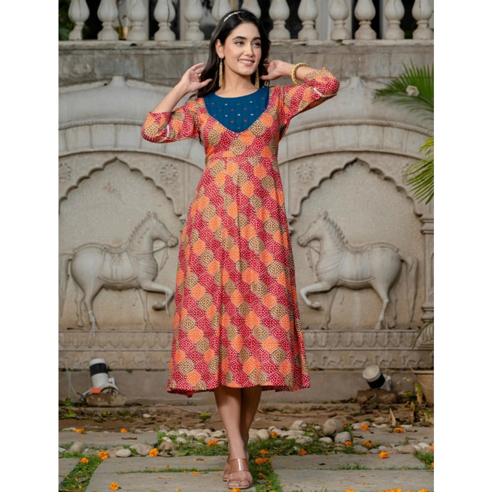 Women Rayon Print With Embroidery Work A-Line Kurti (Multicolor)