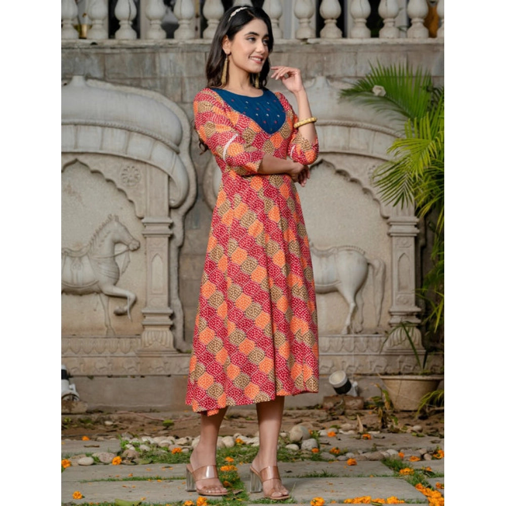 Women Rayon Print With Embroidery Work A-Line Kurti (Multicolor)