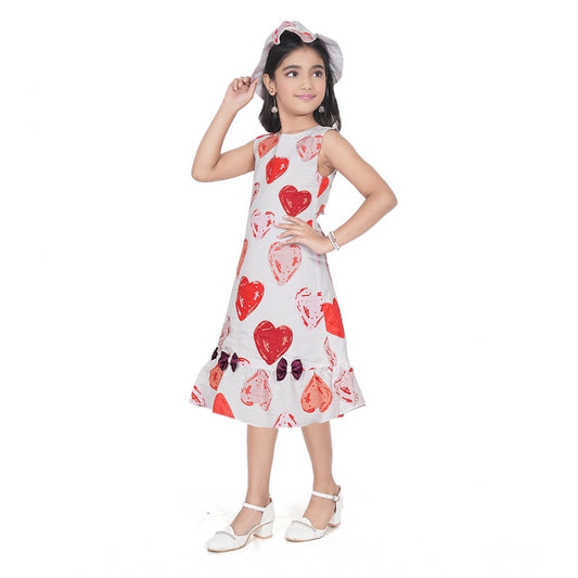 Girl's Popcorn Printed Sleeve Less Round Neck Dress (Red)