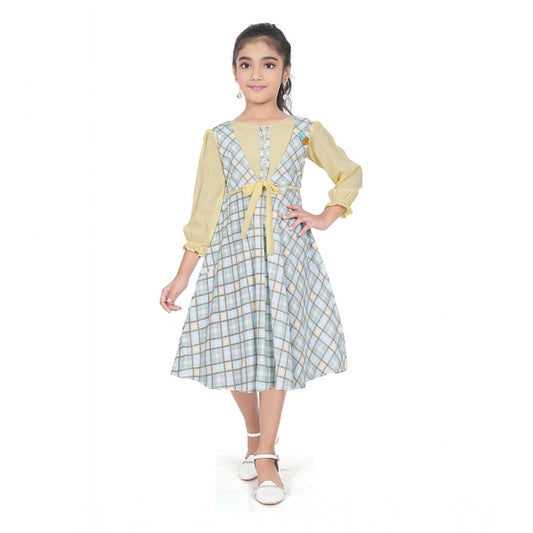 Girl's Digital Twill Striped 3/4 th Sleeve Round Neck Dress (Light Green)