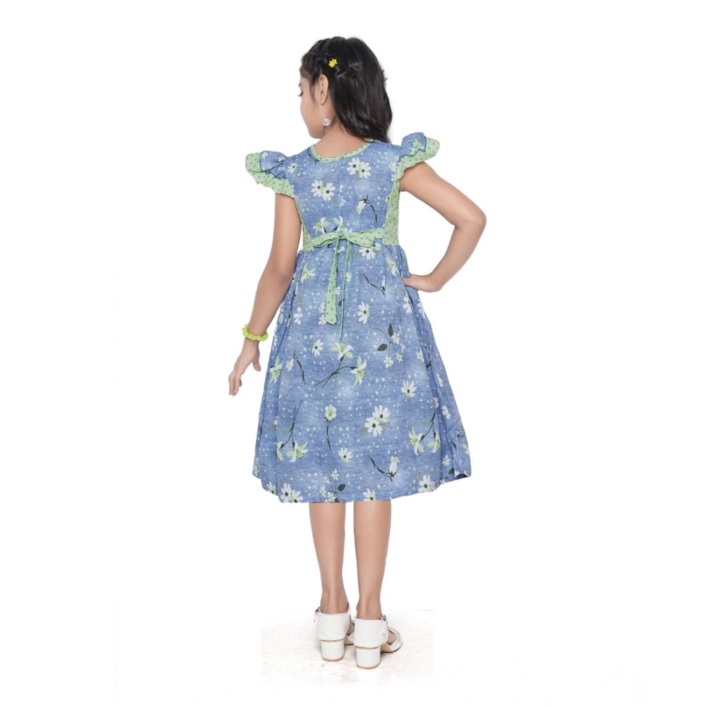Girl's Twill Printed Short Sleeve Round Neck Dress (Green)