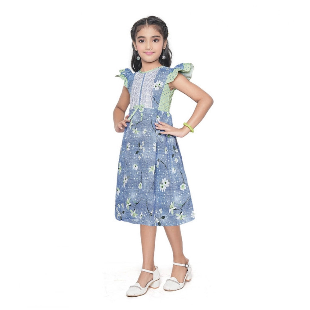 Girl's Twill Printed Short Sleeve Round Neck Dress (Green)