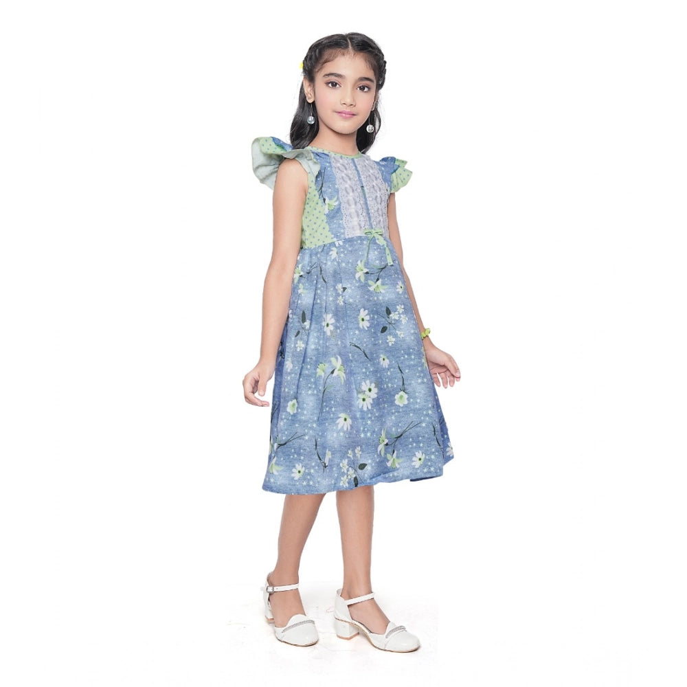 Girl's Twill Printed Short Sleeve Round Neck Dress (Green)