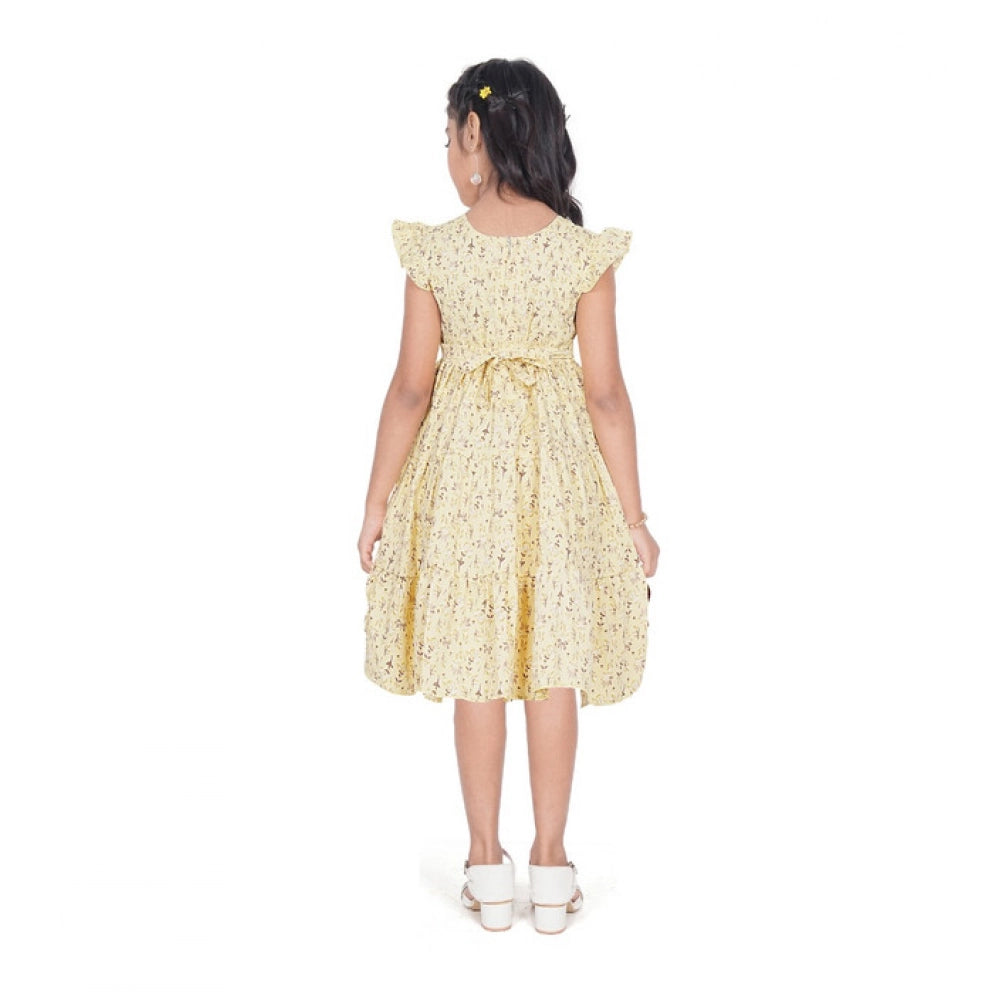 Girl's Twill Printed Short Sleeve Round Neck Dress (Yellow)