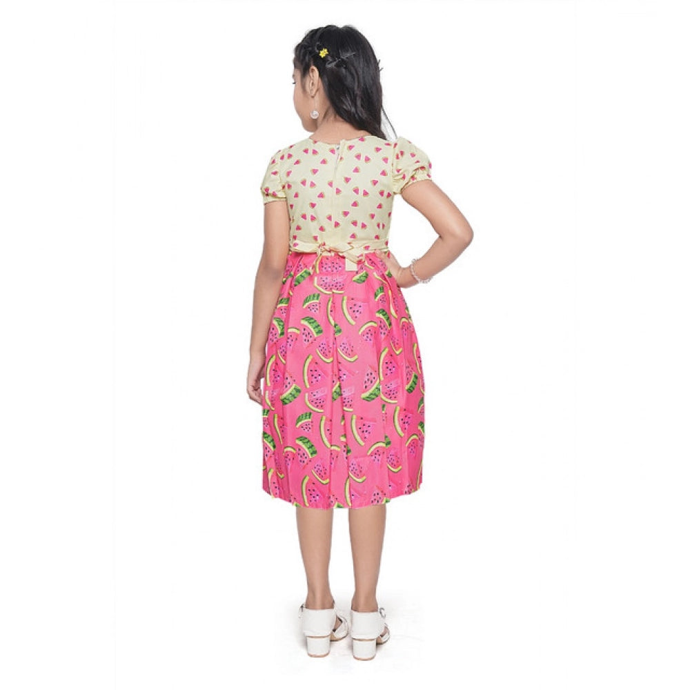 Girl's Twill Printed Short Sleeve Round Neck Dress (Pink)