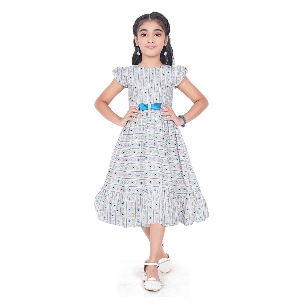 Girl's Twill Printed Short Sleeve Round Neck Dress (Grey)