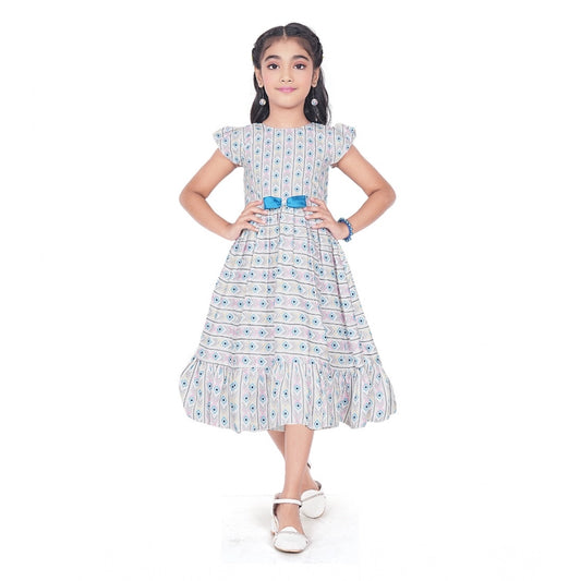 Girl's Twill Printed Short Sleeve Round Neck Dress (Grey)