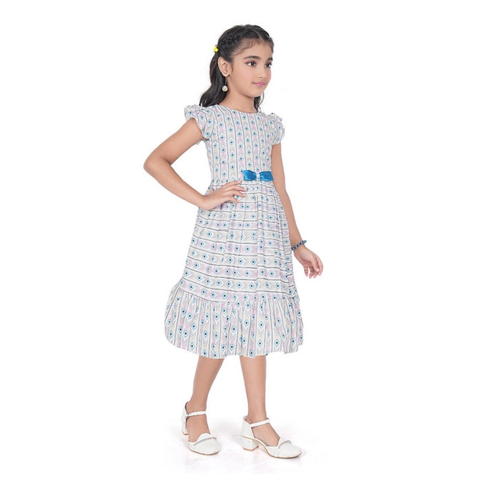 Girl's Twill Printed Short Sleeve Round Neck Dress (Grey)