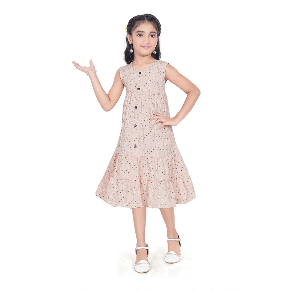 Girl's Slub Printed Sleeve Less Round Neck Dress (Brown)