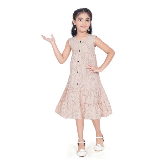 Girl's Slub Printed Sleeve Less Round Neck Dress (Brown)