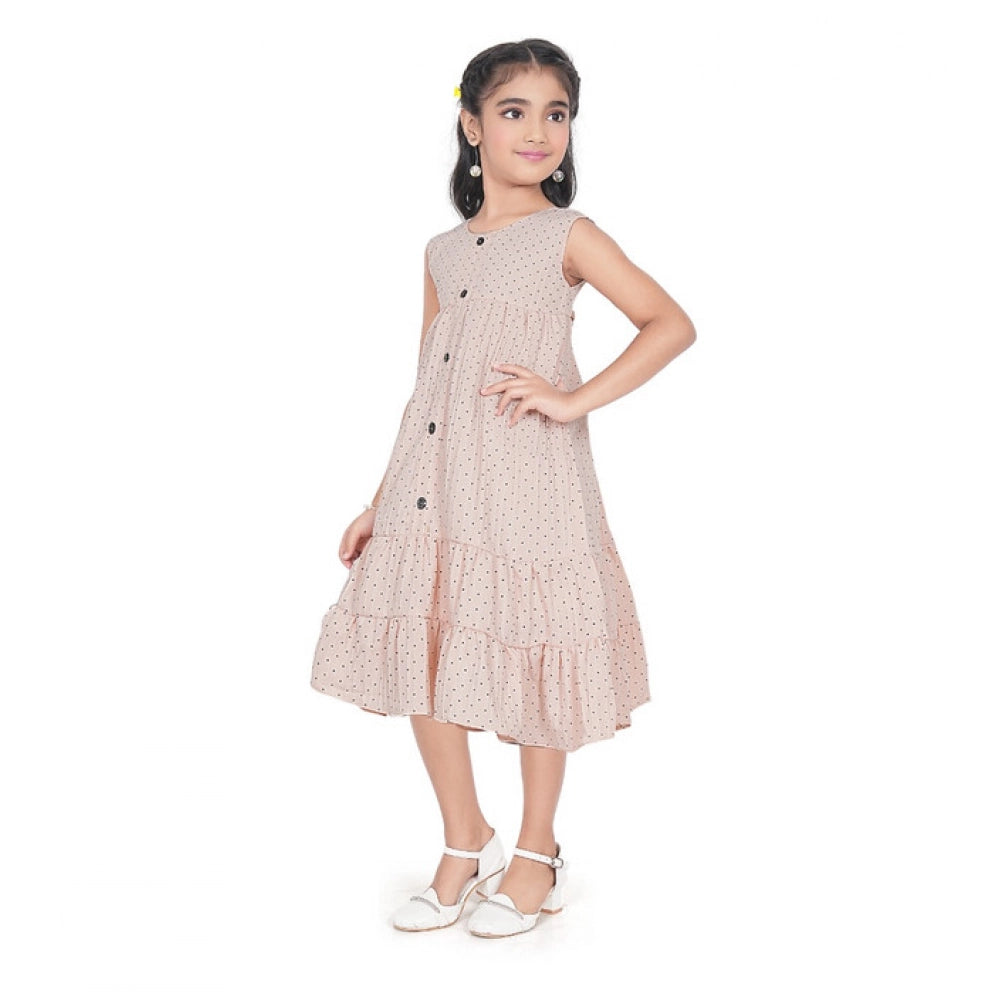 Girl's Slub Printed Sleeve Less Round Neck Dress (Brown)