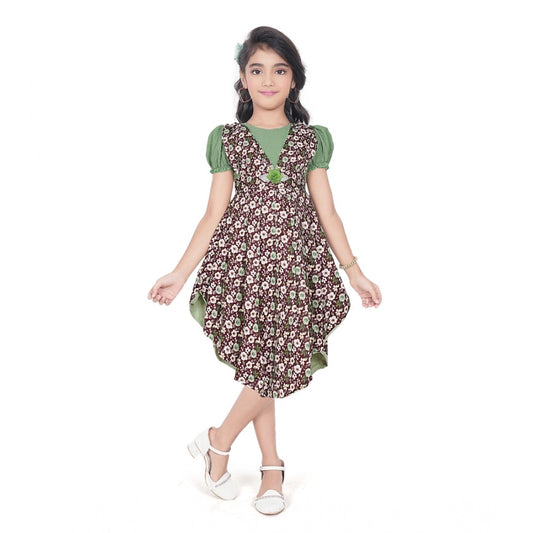 Girl's Twill Printed Short Sleeve Round Neck Dress (Green)