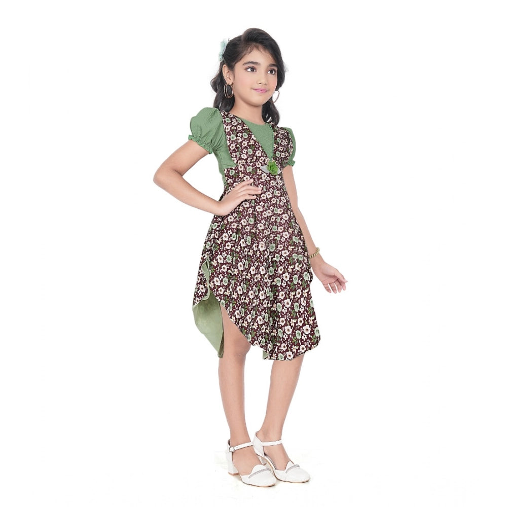 Girl's Twill Printed Short Sleeve Round Neck Dress (Green)