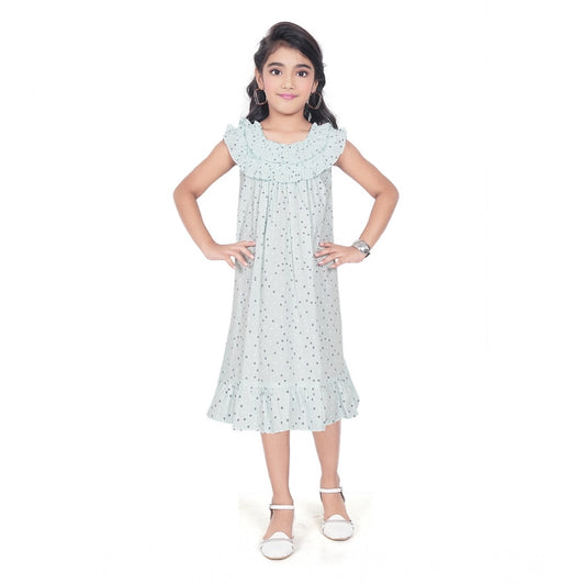 Girl's Heavy Pc Printed Sleeve Less Round Neck Dress (Light Blue)