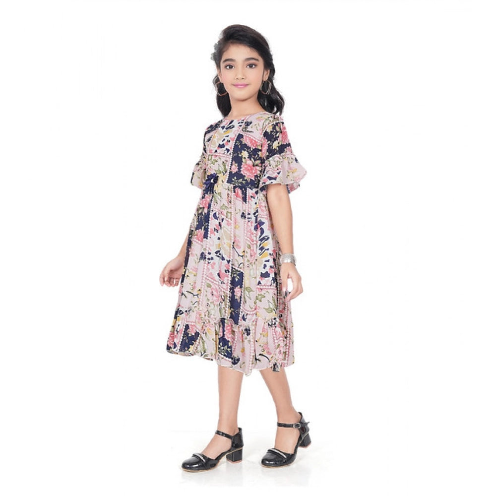 Girl's Shiffon Printed Half Sleeve Round Neck Dress (Peach)