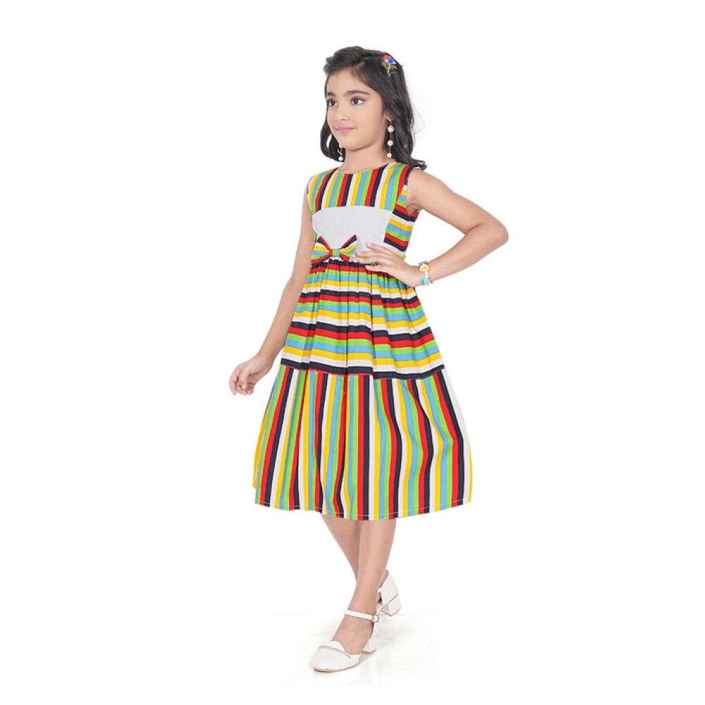 Girl's Pure Cotton Striped Sleeve Less Round Neck Dress (Multicolor)