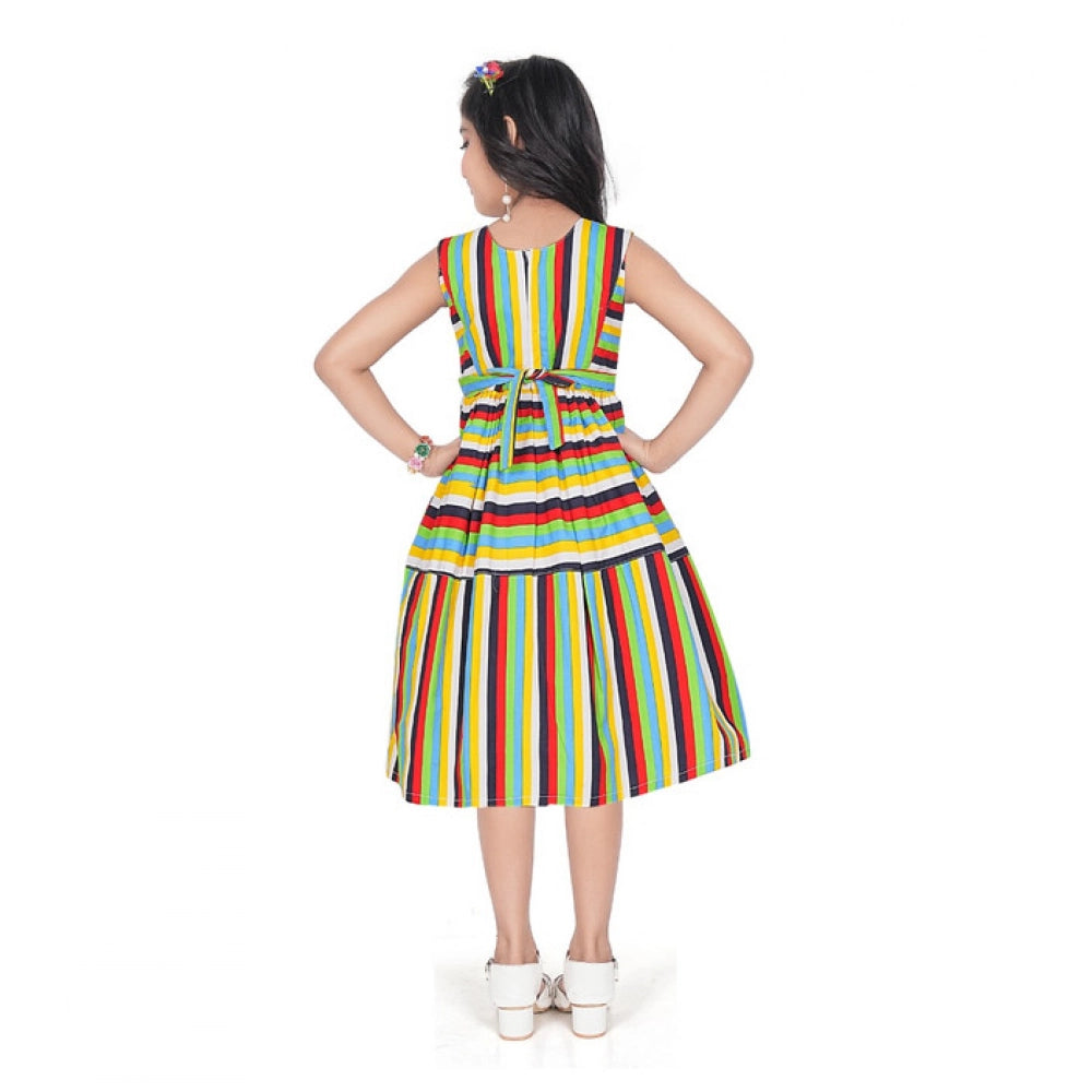 Girl's Pure Cotton Striped Sleeve Less Round Neck Dress (Multicolor)
