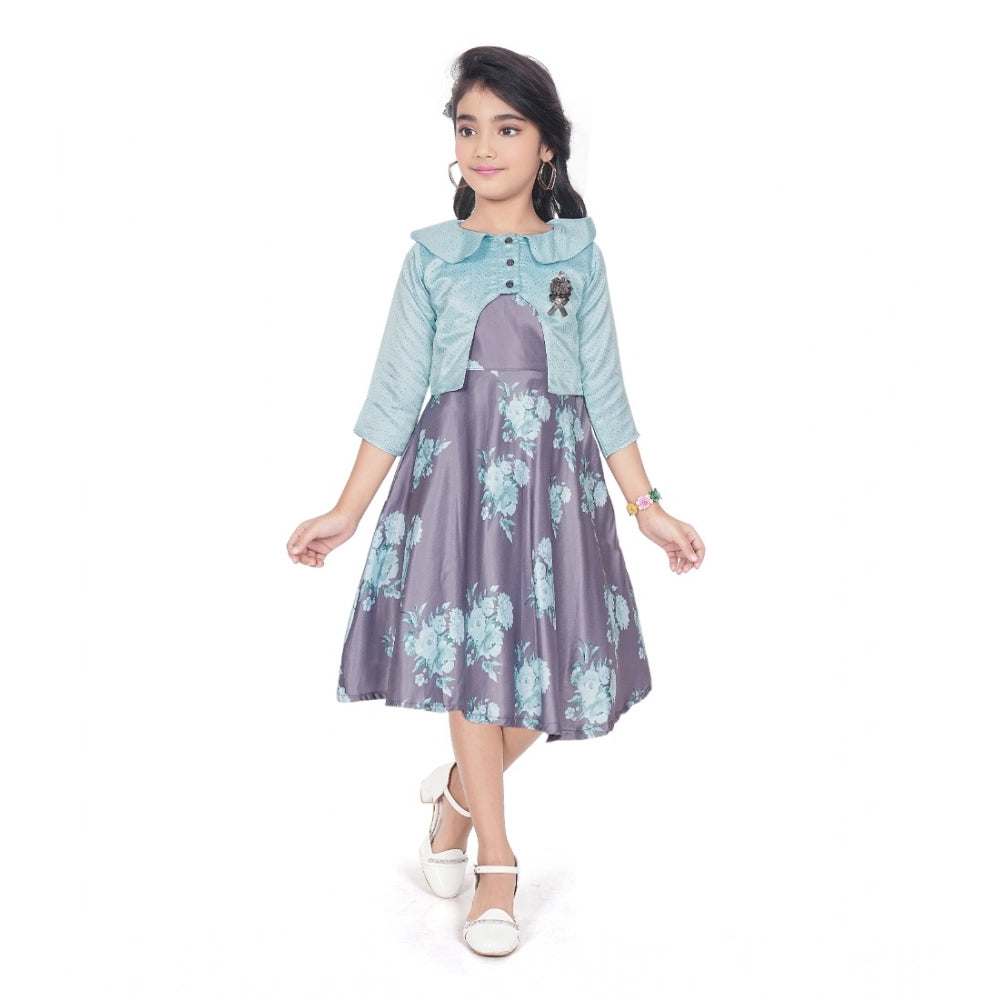 Girl's Satin Printed Sleeve Less Round Neck Dress (Sea Green)