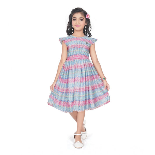 Girl's Lycra Printed Sleeve Less Round Neck Dress (Multicolor)