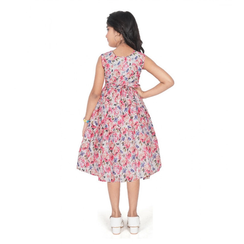 Girl's Digital Chicken Printed Sleeve Less Round Neck Dress (Pink)
