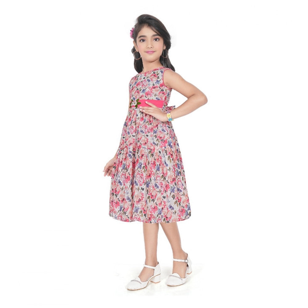 Girl's Digital Chicken Printed Sleeve Less Round Neck Dress (Pink)
